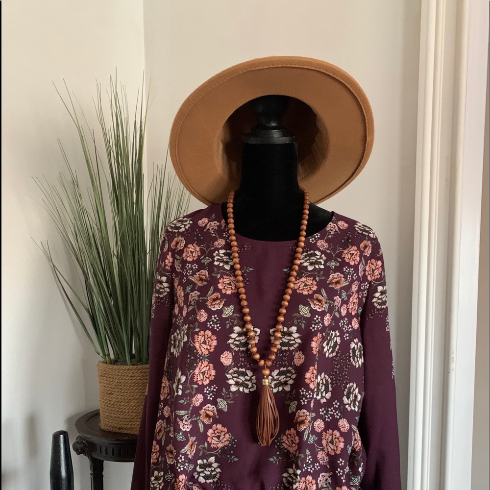 Boho Floral Burgundy Top- Cold Shoulder Cut-Outs-L